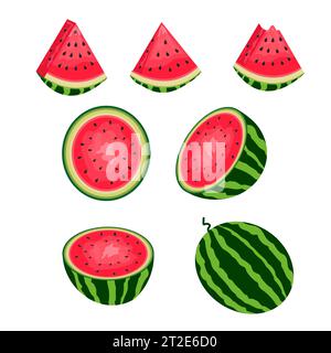 Frische und saftige ganze Wassermelonen und Scheiben.Vektor-Illustration. Stock Vektor