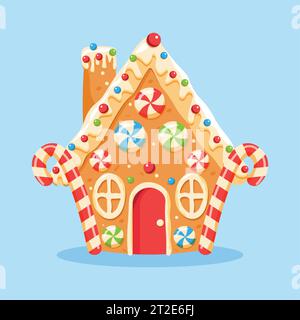 Lebkuchenhausförmige Lebkuchenkekse mit Dekoration. Süßigkeiten und Leckereien zu Weihnachten. Vektorillustration Stock Vektor