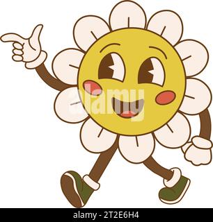 Grooviges Retro-Clipart mit Gänseblümchen. 60er, 70er, 80er Jahre Cartoon-Stil. Niedliche Comic-Figuren. Abstrakter, trendiger, nostalgischer ästhetischer Hintergrund. Stock Vektor