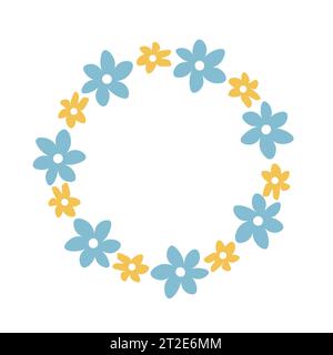 Blumenkranz mit niedlichen winzigen Gänseblümchen isoliert auf weißem Hintergrund. Runder Rahmen mit Blumen. Handgezeichnete Vektorgrafik. Perfekt für Karten, invita Stock Vektor