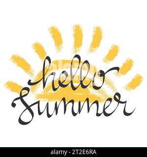 Hallo Summer Hand gezeichneter Pinselschriftzug. Logo-Vorlagen. Isoliertes Typografisches Design-Etikett mit schwarzem Text und gelbem Doodle-Sonnensymbol Stock Vektor