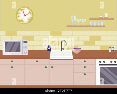 Küche mit Möbeln innen. Küchenutensilien und -Geräte in den Hintergrundfliesen. Flache isolierte Abbildung.Vektorillustration Stock Vektor