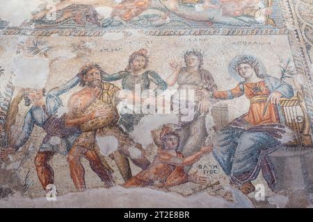 Abschnitt eines römischen Mosaiks im Haus von Aion, Archäologischer Park von Paphos, Nea Pafos, Paphos, Zypern. Stockfoto