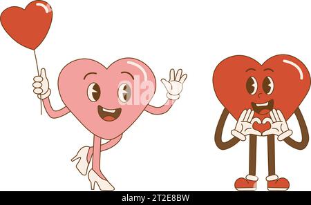 Valentinstag im Retro-Stil. Groovige Retro-Herzen. Hippie Happy Heart im Retro-Cartoon-Stil. Valentinstag. Vintage-Herz. Vektorabbildung Stock Vektor