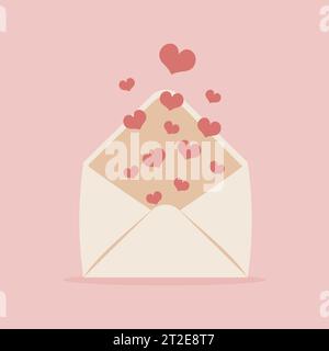 Öffnen Sie den Umschlag mit Herzen. Schöne Nachricht, romantische Erklärung. Nette Vektor-Illustration in flacher Zeichentrickstil Stock Vektor