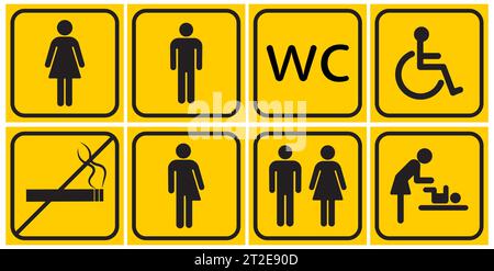 Symbol für Toilettenlinie auf gelbem Hintergrund. WC-Schild. Mann, Frau, Mutter mit Baby und Symbol. Toilette für Männer, Frauen. Vektorillustration Stock Vektor