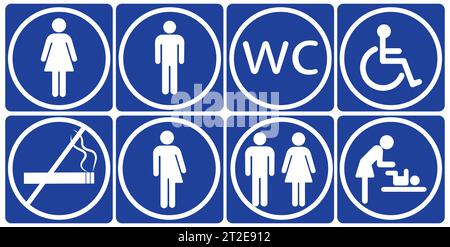 Symbol für Toilettenlinie auf blauem Hintergrund. WC-Schild. Mann, Frau, Mutter mit Baby und Symbol. Toilette für Männer, Frauen. Vektorillustration Stock Vektor