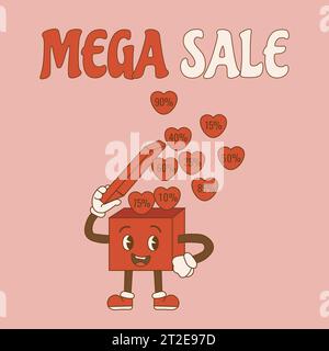 Geschenkbox zum Valentinstag im trendigen Retro-Stil. Mega-Angebot. Groovige Hippie-Ästhetik der 70er Jahre. Valentinstag im Retro-Stil. Vektorabbildung Stock Vektor