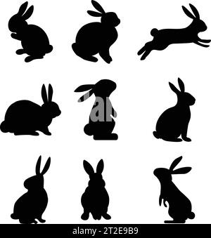 Kaninchen in verschiedenen Positionen Clipart Set. Schwarze Silhouette-Kollektion für Osterhasen. Isoliert auf weißem Hintergrund. Vektorillustration Stock Vektor