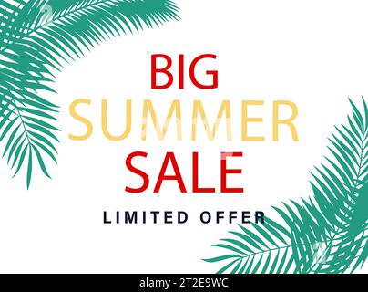 Banner für Sonderangebote im Sommer. Sommer saisonaler Hintergrund mit Handschrift und Palmblättern für Unternehmen, saisonale Einkäufe, Werbeaktionen und Werbung Stock Vektor