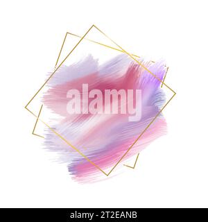 Türkis, hellrosa, lila, goldene Pinselstriche und Flecken im goldenen quadratischen Rahmen auf weißem Hintergrund. Vektorabbildung. Stock Vektor