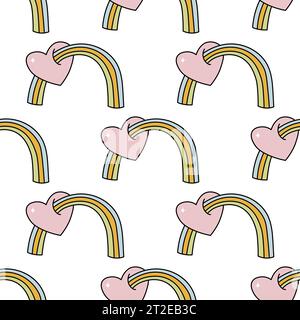 Vektor Hand gezeichnet nahtlose Doodle Stil Regenbogen und Herz Groovy Vektor Muster Vektor Muster Stock Vektor