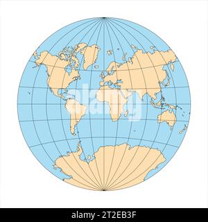 Die vereinfachte Weltkarte im Kreis konzentrierte sich auf Europa und Afrika. Gitter für Breiten- und Längengrad. Van der Grinten-Projektion. Vektorabbildung Stock Vektor