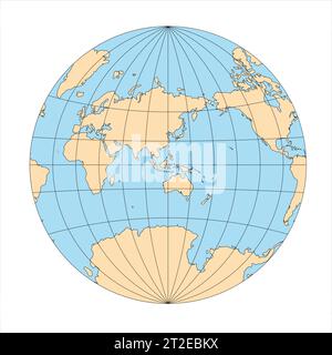 Die vereinfachte Weltkarte im Kreis konzentrierte sich auf Asien und Australien. Gitter für Breiten- und Längengrad. Van der Grinten-Projektion. Vektorabbildung Stock Vektor