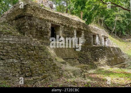 Structure 389, eine Wohnanlage in der Südakropolis der Maya-Ruinen im Yaxha-Nakun-Naranjo-Nationalpark, Guatemala. Stockfoto