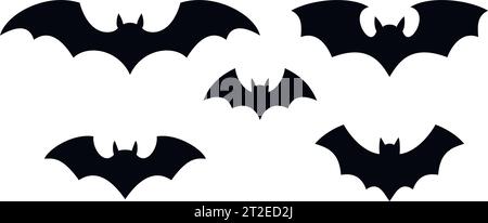 Satz schwarzer Silhouetten von Fledermäusen. Gruselige Dekoration im Horror-Design für Halloween-Party. Gruseliger Hintergrund für oktoberparty und Einladungen Stock Vektor