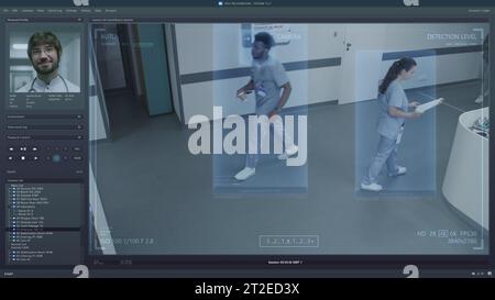 Wiedergabe von CCTV-Kameras in der modernen Klinik auf PC-Bildschirm. Benutzeroberfläche von Überwachungsprogramm und KI-Gesichtserkennung. Aufnahmen von Sicherheitskameras. Medizinisches Personal und Patienten im Krankenhausflur. Stockfoto