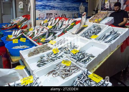 Istanbul, Türkei, der Fischmarkt von Karakoy im Stadtteil Beyoğlu in Istanbul, die europäische Seite des Bosporus, nur Editorial. Stockfoto