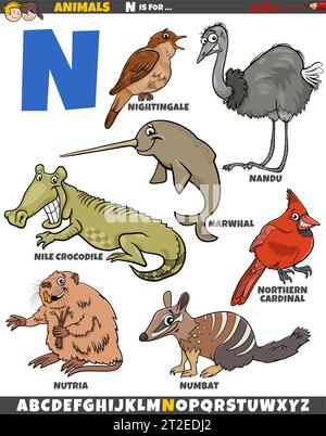 Zeichentrickillustration von Tierfiguren, die für den Buchstaben N gesetzt sind Stock Vektor