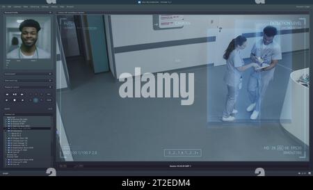 Wiedergabe von CCTV-Kameras in der modernen Klinik auf PC-Bildschirm. Benutzeroberfläche von Überwachungsprogramm und KI-Gesichtserkennung. Aufnahmen von Sicherheitskameras. Medizinisches Personal und Patienten im Krankenhausflur. Stockfoto
