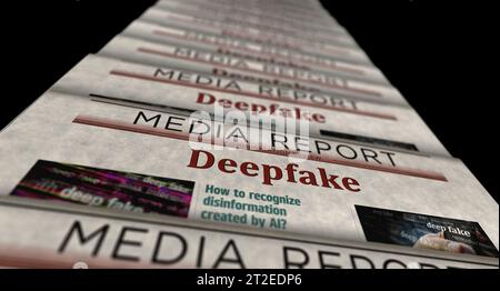 Deepfake AI Desinformation Fake News und Fehlinformationen Vintage News und Zeitungsdruck. Abstraktes Konzept Retro-Schlagzeilen 3D-Illustration. Stockfoto