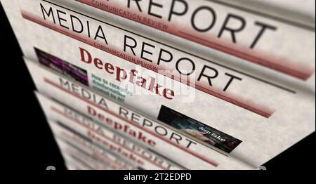 Deepfake AI Desinformation Fake News und Fehlinformationen Vintage News und Zeitungsdruck. Abstraktes Konzept Retro-Schlagzeilen 3D-Illustration. Stockfoto
