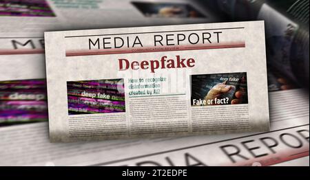 Deepfake AI Desinformation Fake News und Fehlinformationen Vintage News und Zeitungsdruck. Abstraktes Konzept Retro-Schlagzeilen 3D-Illustration. Stockfoto