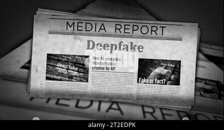 Deepfake AI Desinformation Fake News und Fehlinformationen Vintage News und Zeitungsdruck. Abstraktes Konzept Retro-Schlagzeilen 3D-Illustration. Stockfoto