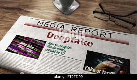 Deepfake AI Desinformation Fake News und Fehlinformationen Tageszeitung auf dem Tisch. Schlagzeilen Nachrichten abstraktes Konzept 3D Illustration. Stockfoto