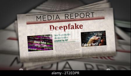 Deepfake AI Desinformation Fake News und Fehlinformationen Vintage News und Zeitungsdruck. Abstraktes Konzept Retro-Schlagzeilen 3D-Illustration. Stockfoto