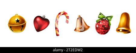 Aquarell-weihnachtskugeln, Spielzeug und goldene Glocken Illustrationen. Silvester handgemaltes Symbol isoliert auf weißem Hintergrund. Für Konstrukteure Stockfoto