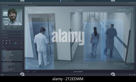 Wiedergabe von CCTV-Kameras in der modernen Klinik auf PC-Bildschirm. Benutzeroberfläche von Überwachungsprogramm und KI-Gesichtserkennung. Aufnahmen von Sicherheitskameras. Medizinisches Personal und Patienten im Krankenhausflur. Stockfoto
