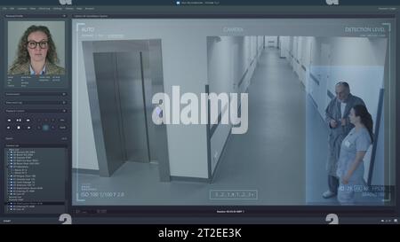 Wiedergabe von CCTV-Kameras in der modernen Klinik auf PC-Bildschirm. Benutzeroberfläche von Überwachungsprogramm und KI-Gesichtserkennung. Aufnahmen von Sicherheitskameras. Medizinisches Personal und Patienten im Krankenhausflur. Stockfoto