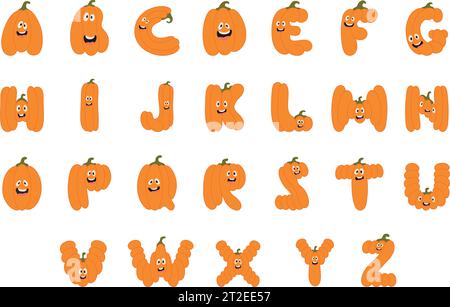 Süße Halloween Buchstaben Kürbis Zeichen. Lustiger dekorativer Schriftzug für Kinder. Für T-Shirt, Kinderzimmer Dekoration, Babydusche, Grußkarte Stock Vektor