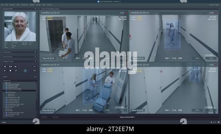 Wiedergabe von CCTV-Kameras im modernen Krankenhaus auf dem Computerbildschirm. Benutzeroberfläche von Überwachungsprogramm und KI-Gesichtserkennungstechnologie. Aufnahmen von Sicherheitskameras. Identifikationskonzept. Stockfoto