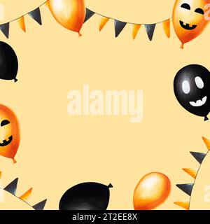 Aquarelle Halloween-Ballons mit gruseligen Gesichtern und festlichen Flaggen. Mit der Hand gemalt, dass die Skizze des orangefarbenen, schwarzen und weißen Ballons isoliert auf Weiß ist Stockfoto