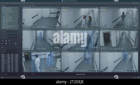 Wiedergabe von CCTV-Kameras im Krankenhausflur auf dem Computerbildschirm. Überwachungsschnittstelle mit futuristischem KI-Programm und People Recognition System. Sicherheitskameras. Konzept der Identifikation und Verfolgung. Stockfoto