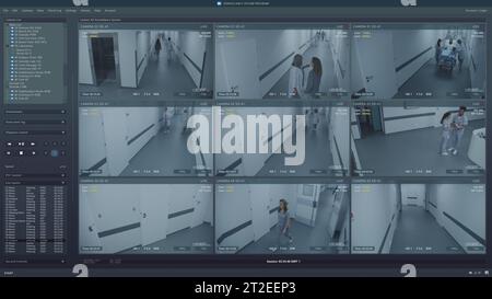 Wiedergabe von CCTV-Kameras im Krankenhausflur auf Computer- oder Tablet-Bildschirm. Benutzeroberfläche des Überwachungsprogramms und des Menschen-KI-Erkennungssystems. Sicherheitskameras. Konzept der Überwachung und Verfolgung. Stockfoto