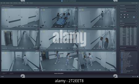Wiedergabe von CCTV-Kameras im Krankenhausflur auf Computer- oder Tablet-Bildschirm. Benutzeroberfläche des Überwachungsprogramms und des Menschen-KI-Erkennungssystems. Sicherheitskameras. Konzept der Überwachung und Verfolgung. Stockfoto