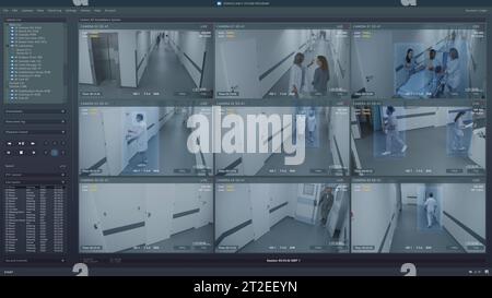 Wiedergabe von CCTV-Kameras im Krankenhausflur auf Computer- oder Tablet-Bildschirm. Benutzeroberfläche des Überwachungsprogramms und des Menschen-KI-Erkennungssystems. Sicherheitskameras. Konzept der Überwachung und Verfolgung. Stockfoto