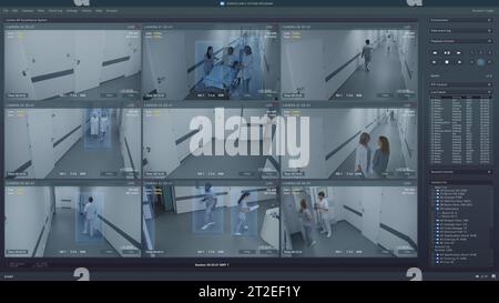 Wiedergabe von CCTV-Kameras im Krankenhausflur auf dem Computerbildschirm. Überwachungsschnittstelle mit futuristischem KI-Programm und People Recognition System. Sicherheitskameras. Konzept der Identifikation und Verfolgung. Stockfoto