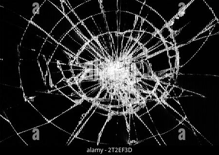 Spuren von Stößen und Rissen auf einem kaputten LCD-Bildschirm, Computermonitor oder Fernsehbildschirm, Schwarzweißfoto Stockfoto