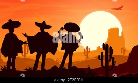 Mexikanische Mariachi-Musiker Silhouetten in der Wüstenlandschaft bei Sonnenuntergang. Cinco de Mayo-Feiertag, Vektorszene mit latino-Männertrios tragen Poncho und Sombrero spielen Maracas-Musik in der Abenddämmerung Stock Vektor