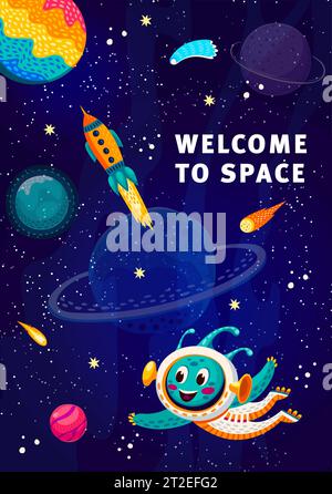 Alien-Zeichentrickfigur in Sternengalaxie-Vektor-Poster. Fantasievolle Weltraumplaneten, Raketenraumschiffe, Kometen und Sterne, lustige marsfigur im Raumanzug auf außerirdischem Hintergrund Stock Vektor
