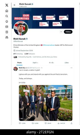 Screenshot des Social Media-Kontos „X“ des britischen Premierministers Rishi Sunak (ehemals Twitter). Oktober 2023 Stockfoto