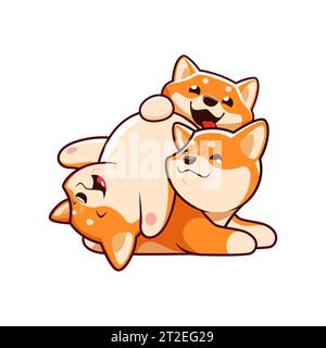 Cartoon Kawaii Shiba Inu Hund verspielte Welpen Charaktere. Komische Shiba-Inu-Hunde-Persönlichkeiten, bezaubernde japanische Welpen, die zusammen Vektorfiguren spielen und herumtäuschen. Lustige Tiermaskottchen Stock Vektor