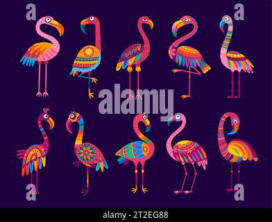 Comic brasilianische Flamingovögel. Isolierte Vektorgruppe von lebendigen tropischen Kreaturen in einem verspielten und animierten Alebrije-Stil, die ihre eleganten langen Beine und ihr einzigartiges, farbenprächtiges Gefieder zeigen Stock Vektor