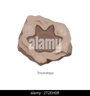 Alte triceratops Dinosaurier Fußabdruck, archäologisches Fossil. Isolierte Vektor-Cartoon-archäologische und paläontologische Funde aus der jurassischen Zeit. Dino-Tierpfoten-Druck, Reptilienfußabdruck in Stein Stock Vektor