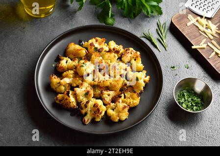 Gerösteter Blumenkohl auf Teller über dunklem Steinhintergrund. Nahansicht Stockfoto