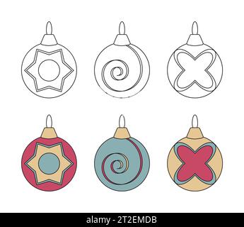 Set mit dekorativen Kugeln. Konturform, schwarze dünne Konturlinie. Trendige Farbkollektion. Festliche Spielzeuge für die Weihnachtsfeier mit grafischem Webdesign Stock Vektor